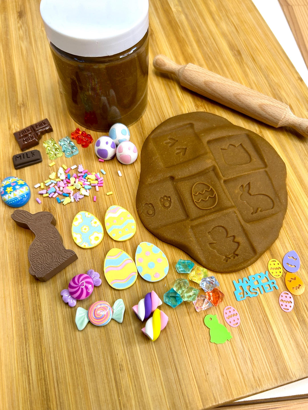 Chocolate Bunny Playdough Jar with Easter Charms | Loose Parts | Spring Sensory Play Dough | Easter Basket Gift for Kids | Homemade Dough