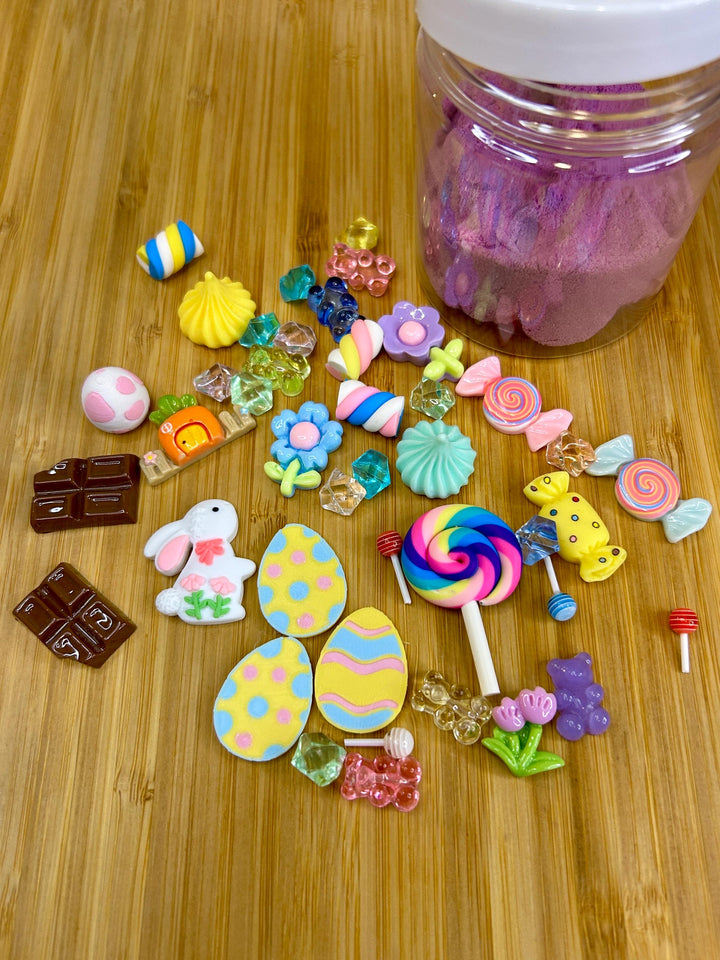 Easter Kinetic Sand Kit with Charms | Chocolate, Candy, Bunny Theme | Spring Sensory Play | Montessori Play | 120g Purple Stretchy Sand