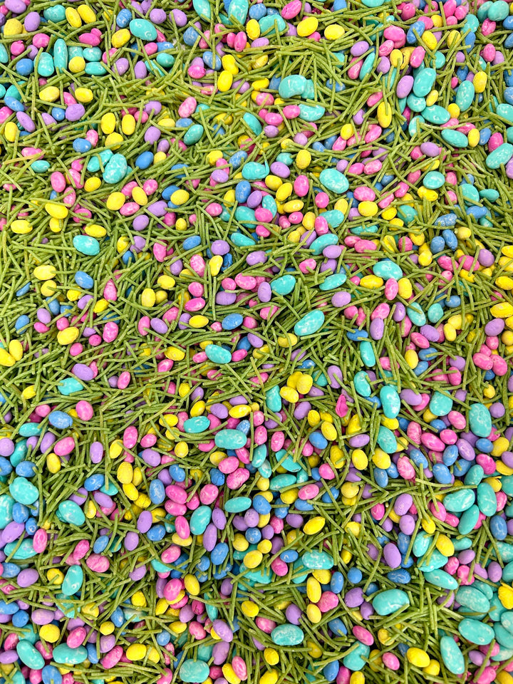 Spring Easter Egg Sensory Bin Filler Mix | Egg Shaped, Green Grass Base | Handpainted Pasta | Children Sensory Tray | Easter Basket Gift