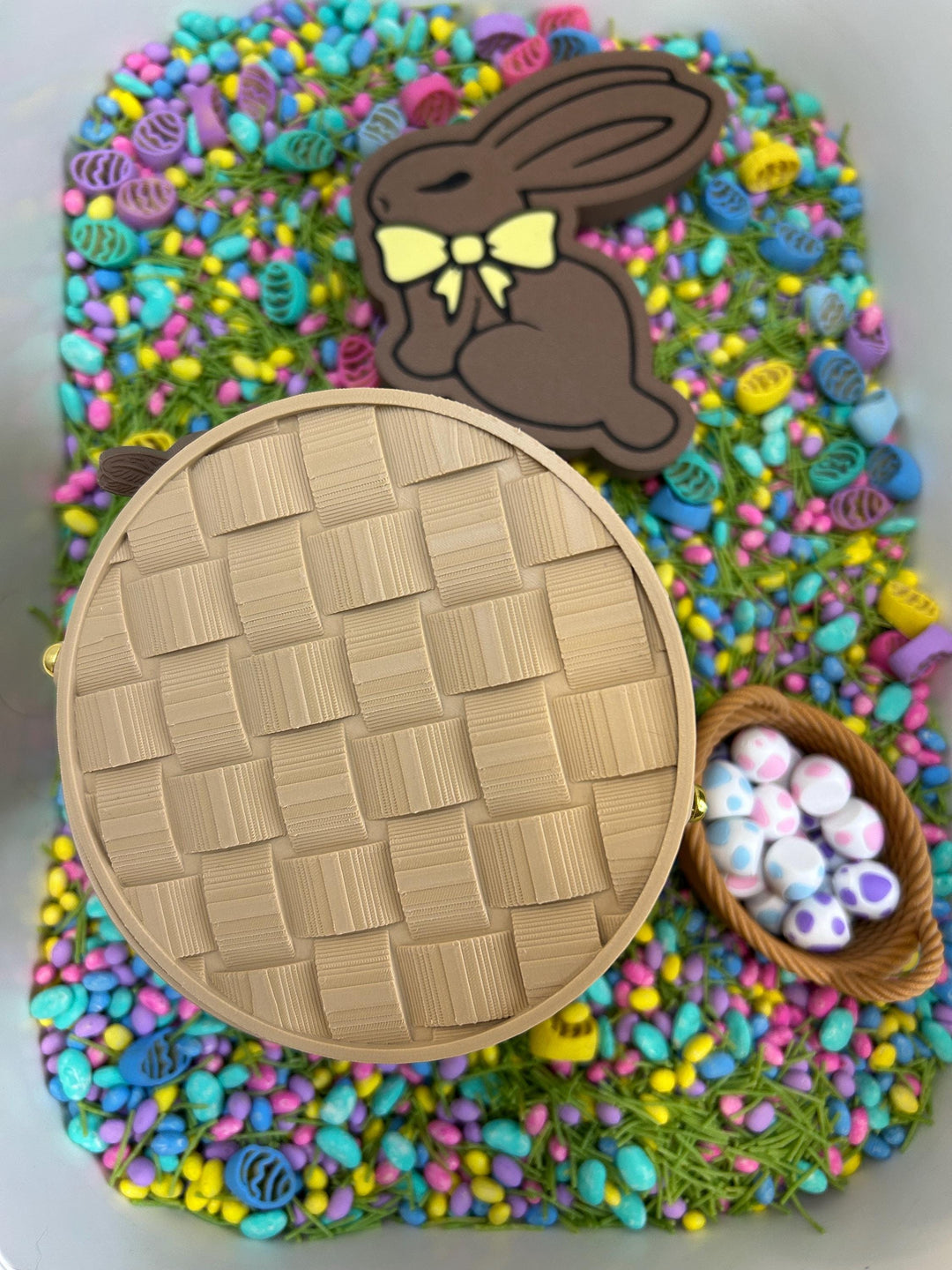 3D Printed Woven Basket with Lid | Cute Easter Basket | Reusable Picnic Basket | Pretend Play | Sensory Bin Container | Kids Montessori Toy