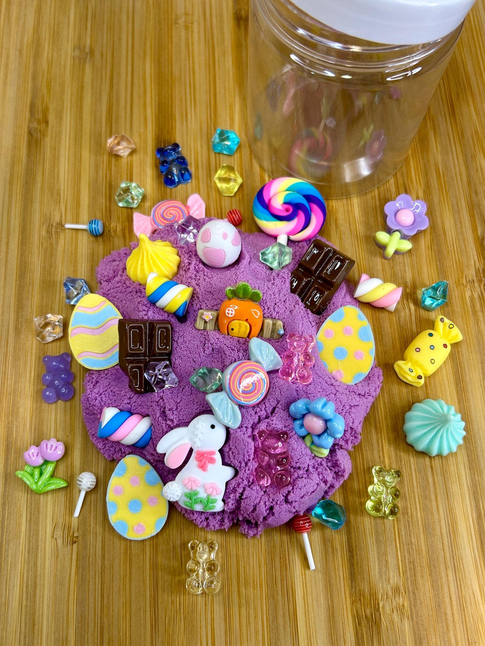 Easter Kinetic Sand Kit with Charms | Chocolate, Candy, Bunny Theme | Spring Sensory Play | Montessori Play | 120g Purple Stretchy Sand