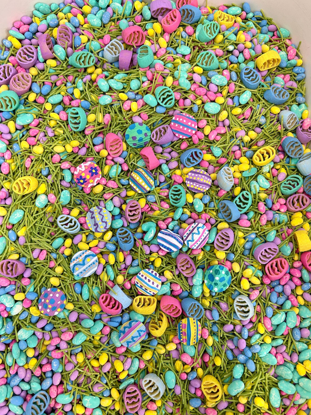 Spring Easter Egg Sensory Bin Filler Mix | Egg Shaped, Green Grass Base | Handpainted Pasta | Children Sensory Tray | Easter Basket Gift