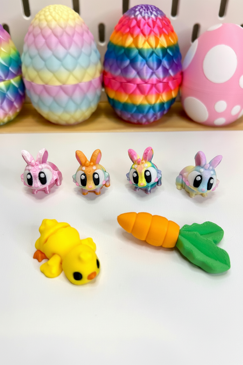Articulated Bunny, Chick &amp; Carrot Figurines | 3D Printed Easter Egg Trinket Container | Sensory Play Friends