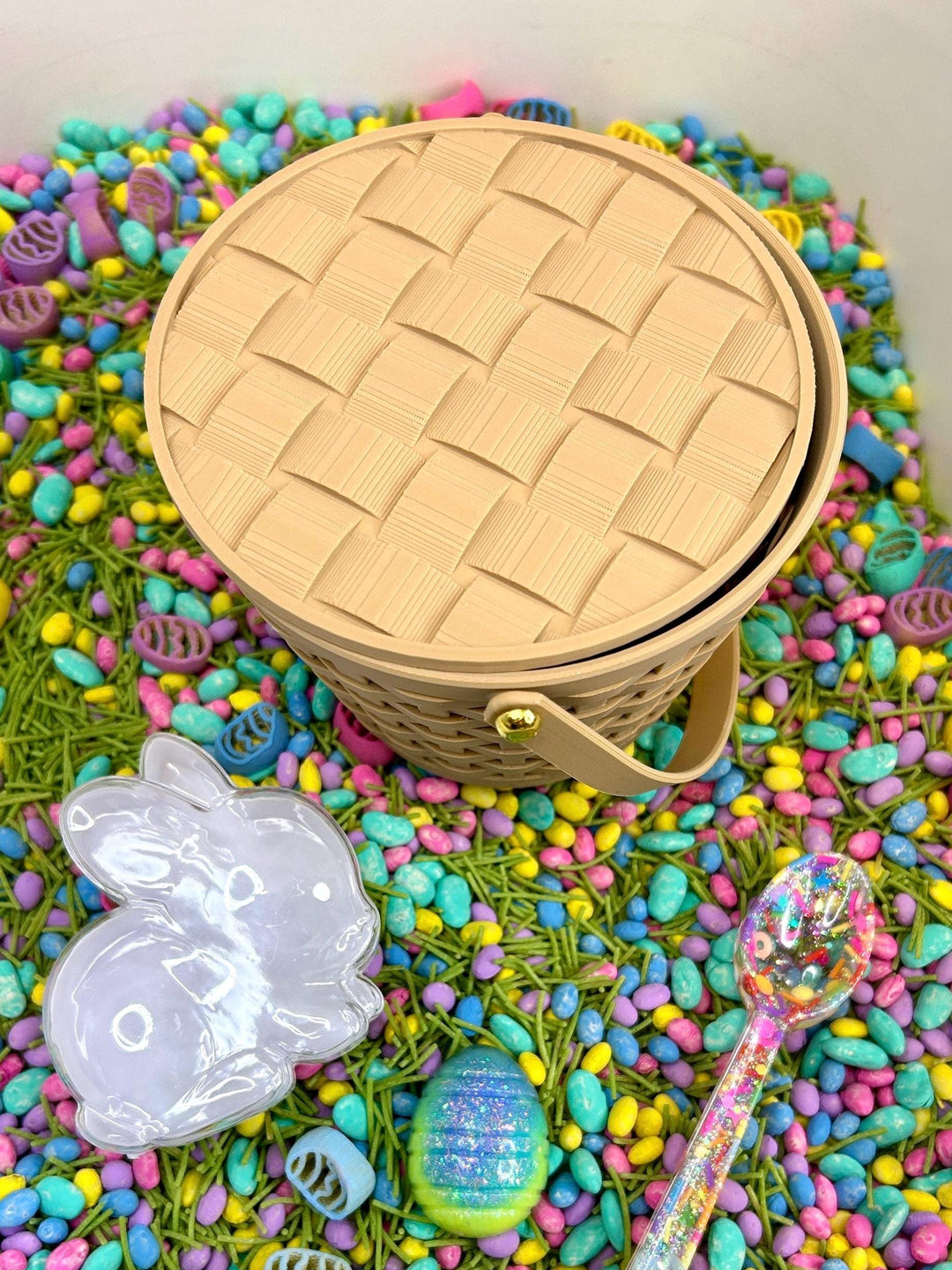 3D Printed Woven Basket with Lid | Cute Easter Basket | Reusable Picnic Basket | Pretend Play | Sensory Bin Container | Kids Montessori Toy