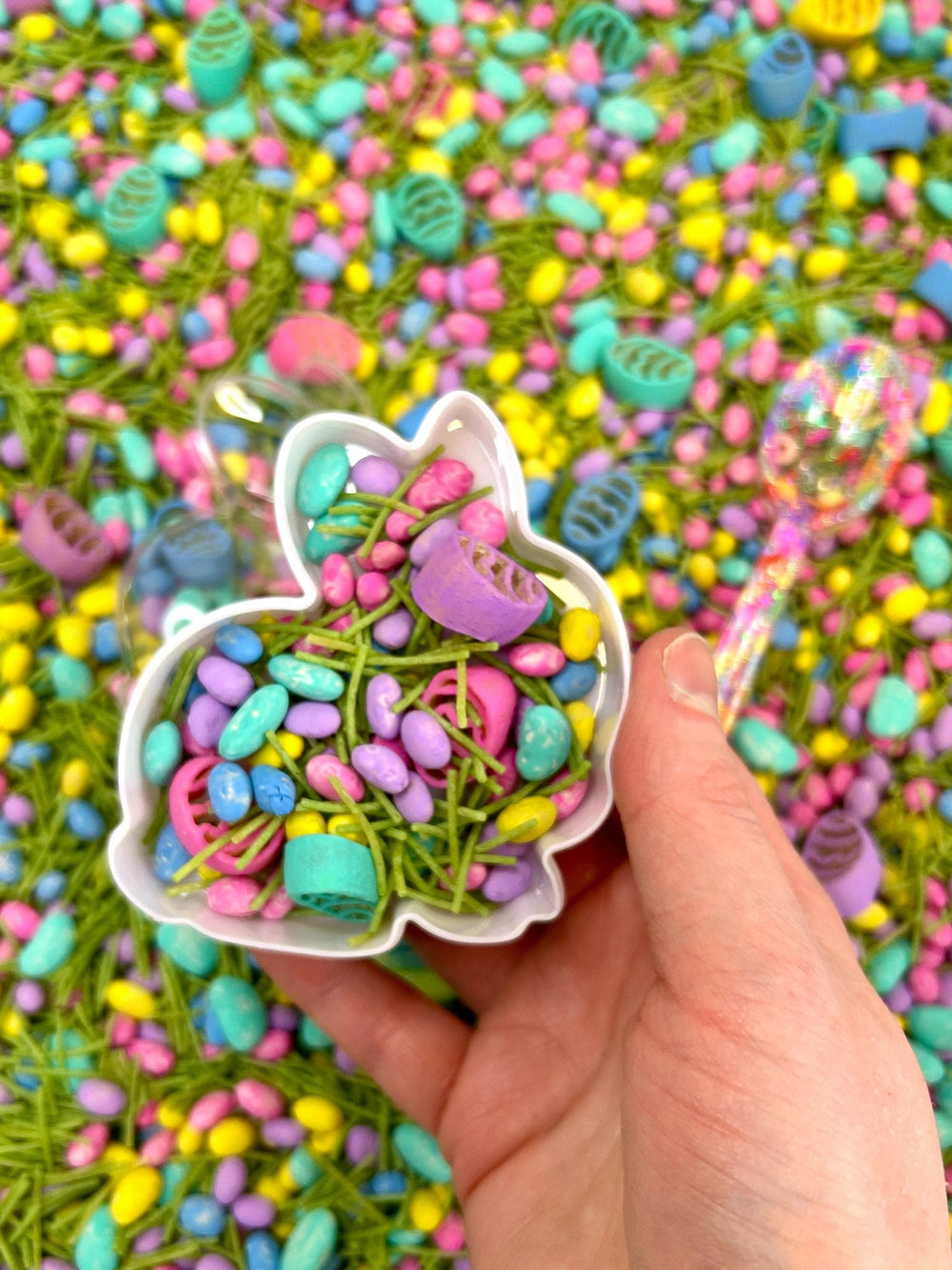 Easter Bunny Fun in the Field | Spring Sensory Bin Filler Mix | Egg Shaped Fun | Grass Base Pasta | Handpainted Eggs | Easter Basket Gift