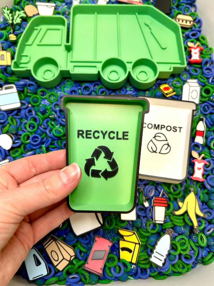 Recycle, Trash & Compost Sorting Trinket Trays | Garbage Truck Sensory Tray | Earth Day Sensory Bin Tool | Educational Montessori Play