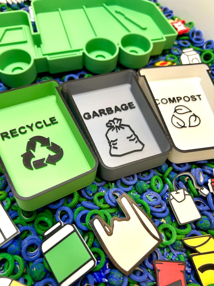 Recycling Sensory Filler Mix | Earth Day Sensory Bin | Green & Blue Filler | Garbage Truck Theme | Montessori Learning | Flisat Table Fun