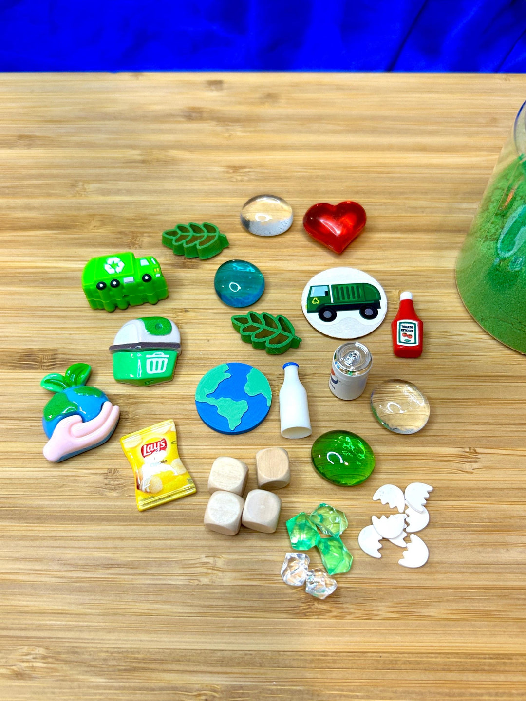 Earth Day Kinetic Sand Kit with Charms | Recycling Sensory Play | Spring Learning Tool | Montessori Play | 120g Blue Green Stretchy Sand