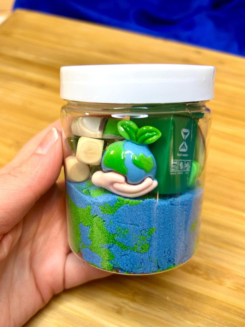 Earth Day Kinetic Sand Kit with Charms | Recycling Sensory Play | Spring Learning Tool | Montessori Play | 120g Blue Green Stretchy Sand