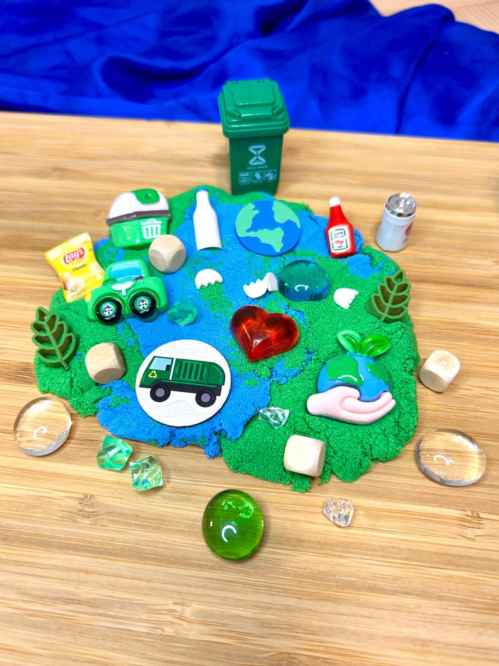 Earth Day Kinetic Sand Kit with Charms | Recycling Sensory Play | Spring Learning Tool | Montessori Play | 120g Blue Green Stretchy Sand