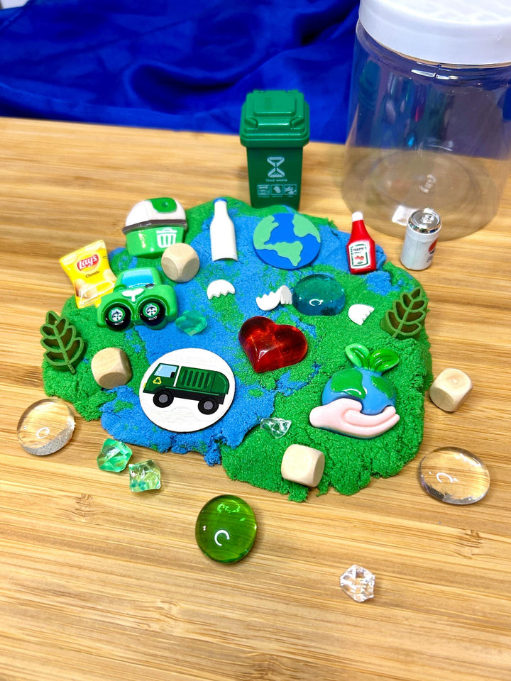 Earth Day Kinetic Sand Kit with Charms | Recycling Sensory Play | Spring Learning Tool | Montessori Play | 120g Blue Green Stretchy Sand