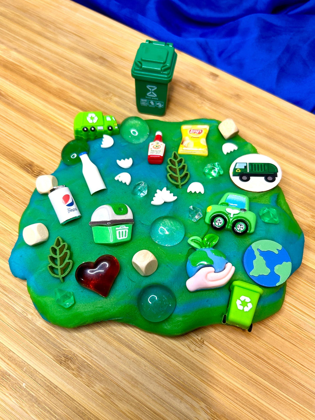 Earth Day Playdough Kit with Charms | Recycling Sensory Play | Spring Montessori Learning | Miniature Trash | 160g Blue Green Homemade Dough