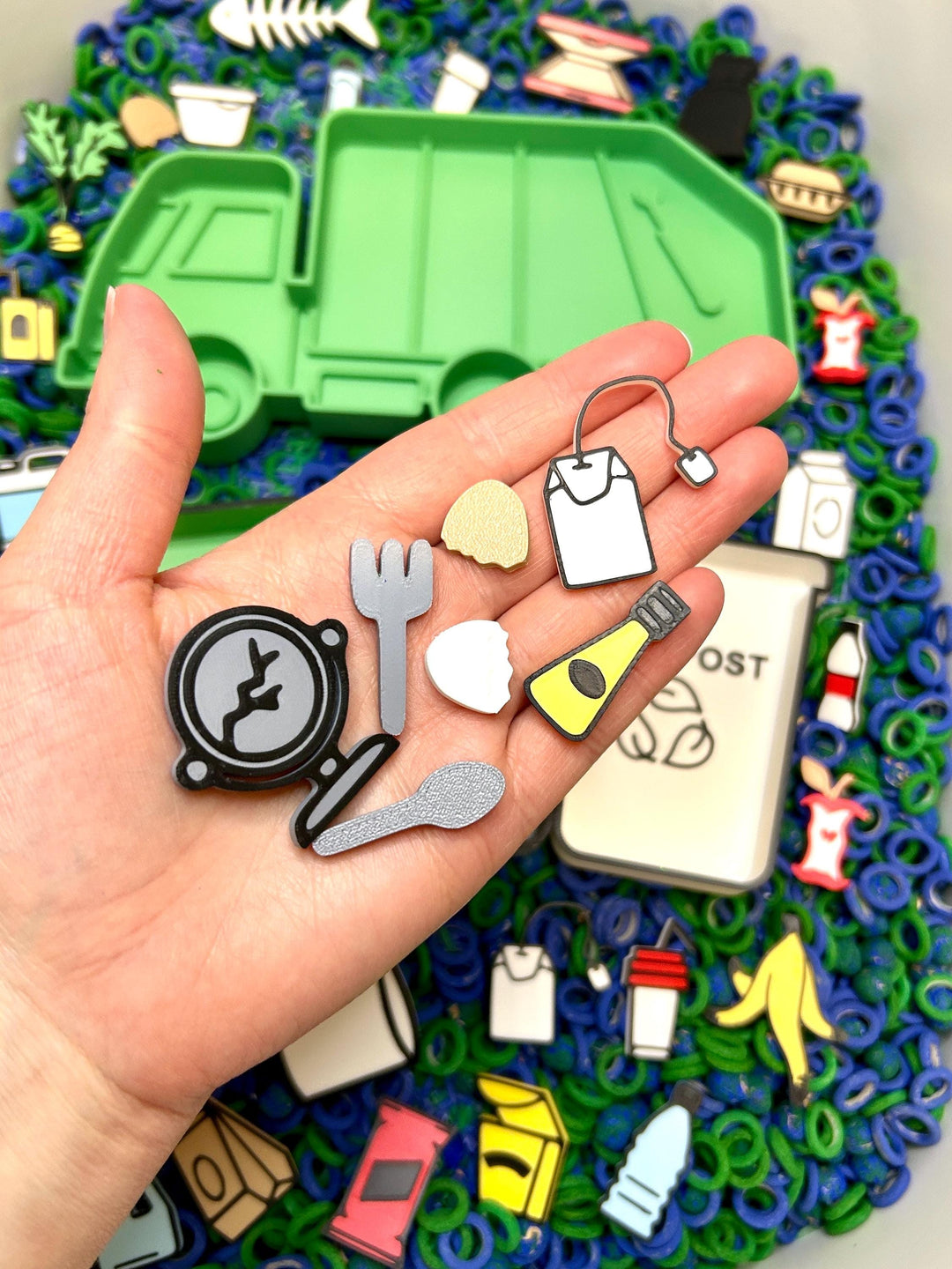 Recycle, Trash & Compost Sorting Trinket Trays | Garbage Truck Sensory Tray | Earth Day Sensory Bin Tool | Educational Montessori Play