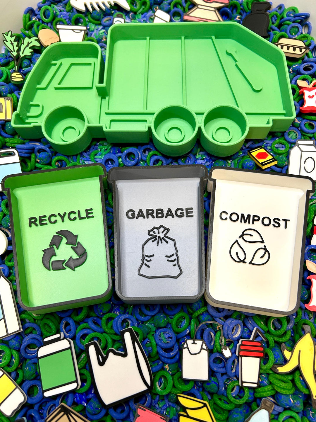 Recycle, Trash & Compost Sorting Trinket Trays | Garbage Truck Sensory Tray | Earth Day Sensory Bin Tool | Educational Montessori Play