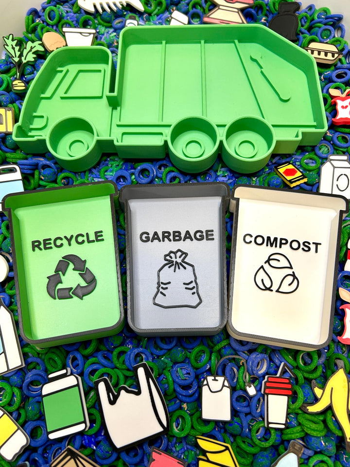 Garbage Truck Sensory Tray | 3D Printed Green Recycling Trinket Tray | Earth Day Sensory Bin Tool | Montessori Play | Flisat Table Accessory