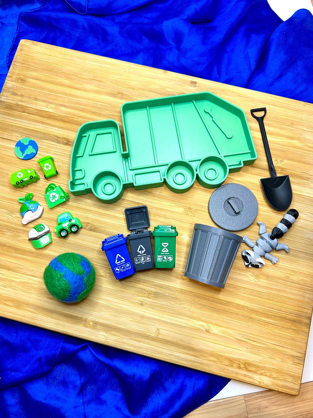 Earth Day Sensory Play Set | Garbage Man Truck Bin | 3D Printed Green Recycling Trinket Tray | Montessori Play | Flisat Table Accessory