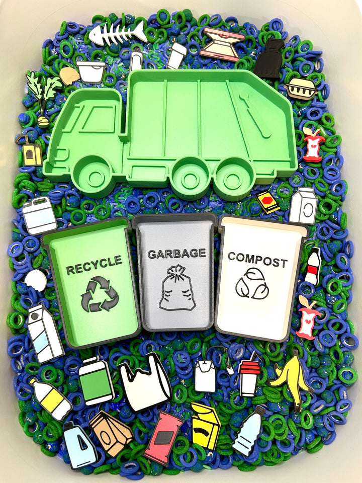 Recycling Sensory Filler Mix | Earth Day Sensory Bin | Green & Blue Filler | Garbage Truck Theme | Montessori Learning | Flisat Table Fun