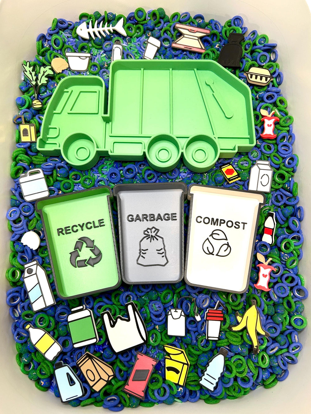 Recycle, Trash & Compost Sorting Trinket Trays | Garbage Truck Sensory Tray | Earth Day Sensory Bin Tool | Educational Montessori Play
