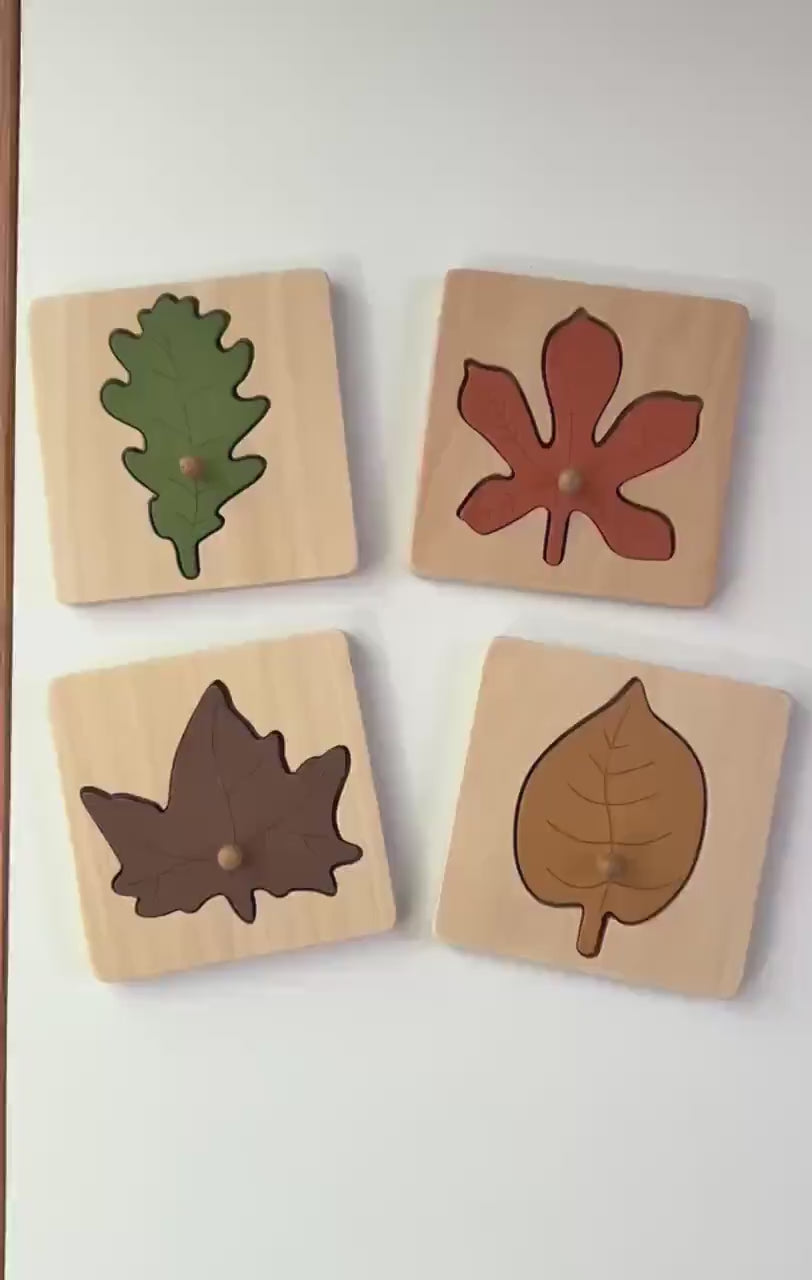 Woodland Leaf Identification Puzzle | Montessori Fine Motor Wooden Board | Handcrafted Wood Nature Toy | Fall Learning Gift for Kids