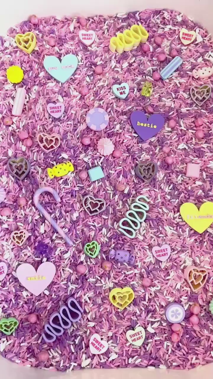 Pastel Candy Valentine Sensory Filler Mix | Conversation Hearts Sensory Bin | Pink Purple White Rice | Valentine’s Day Sensory Play