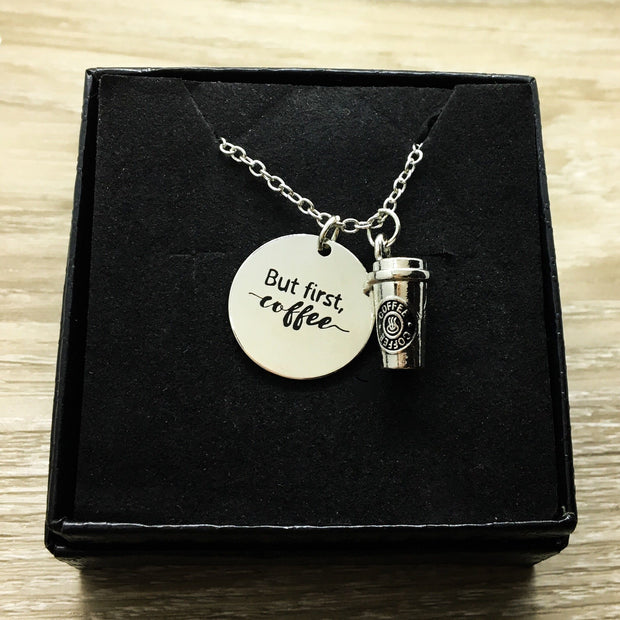 Coffee Lover Gifts, But First Coffee Charm Necklace with Card, Silver Coffee Cup - Miss Fit Boutique | Simple Reminders 