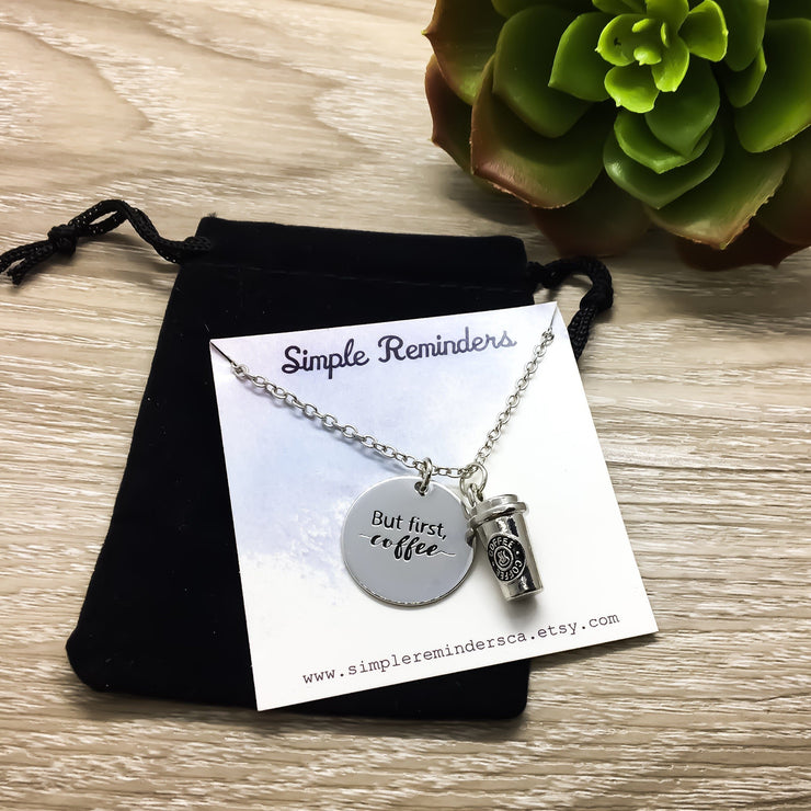 Coffee Lover Gifts, But First Coffee Charm Necklace with Card, Silver Coffee Cup - Miss Fit Boutique | Simple Reminders 