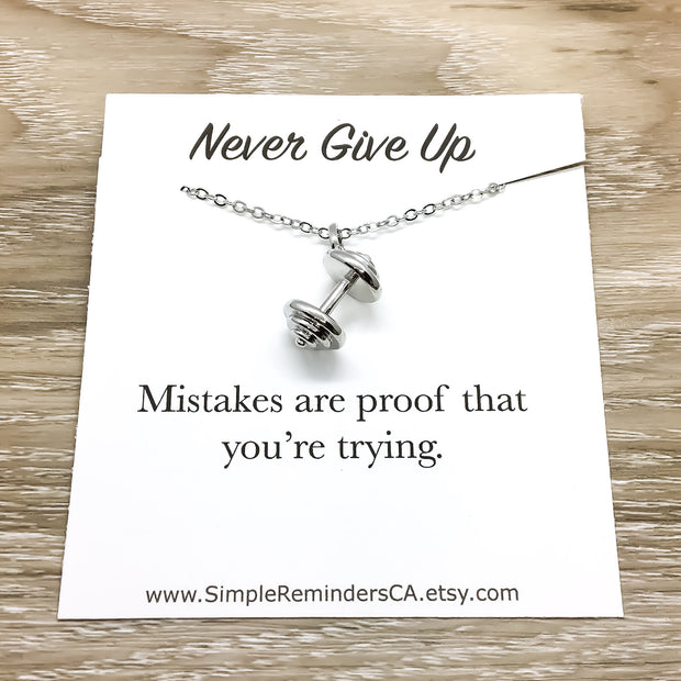 Never Give Up, Silver Dumbbell Necklace with Card, Motivational