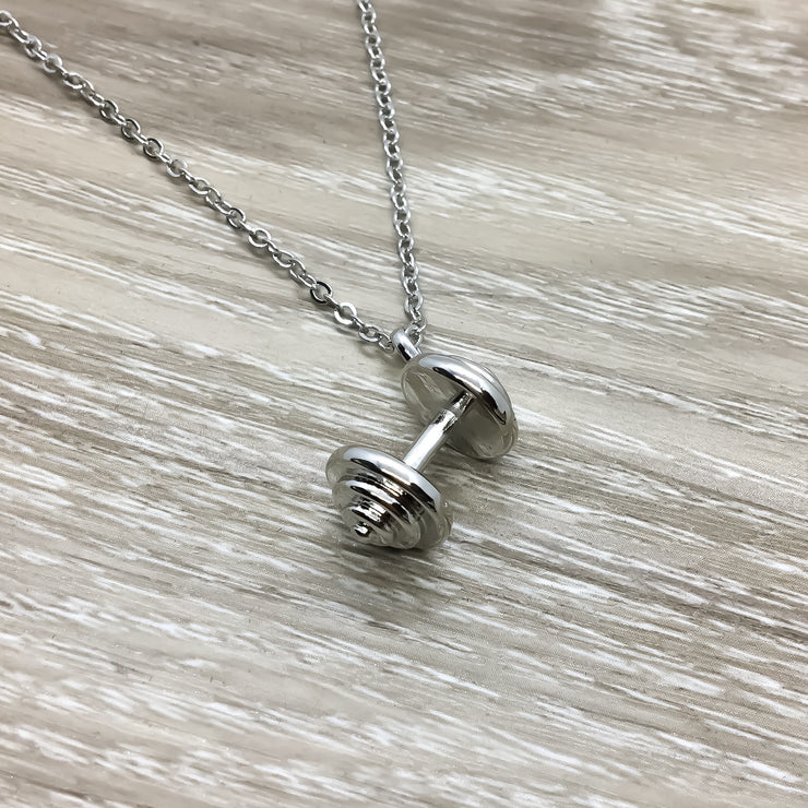 Never Give Up, Silver Dumbbell Necklace with Card, Motivational
