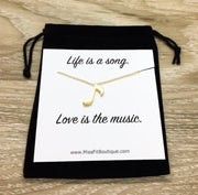 Music Note Necklace with Card, Life is a Song, Silver, Gold