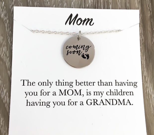 Grandma Coming Soon, Baby Coming Soon Necklace, Pregnancy Announcement Gift, Grandma Gift, New Baby Necklace, New Mom Gifts, Expecting Mom