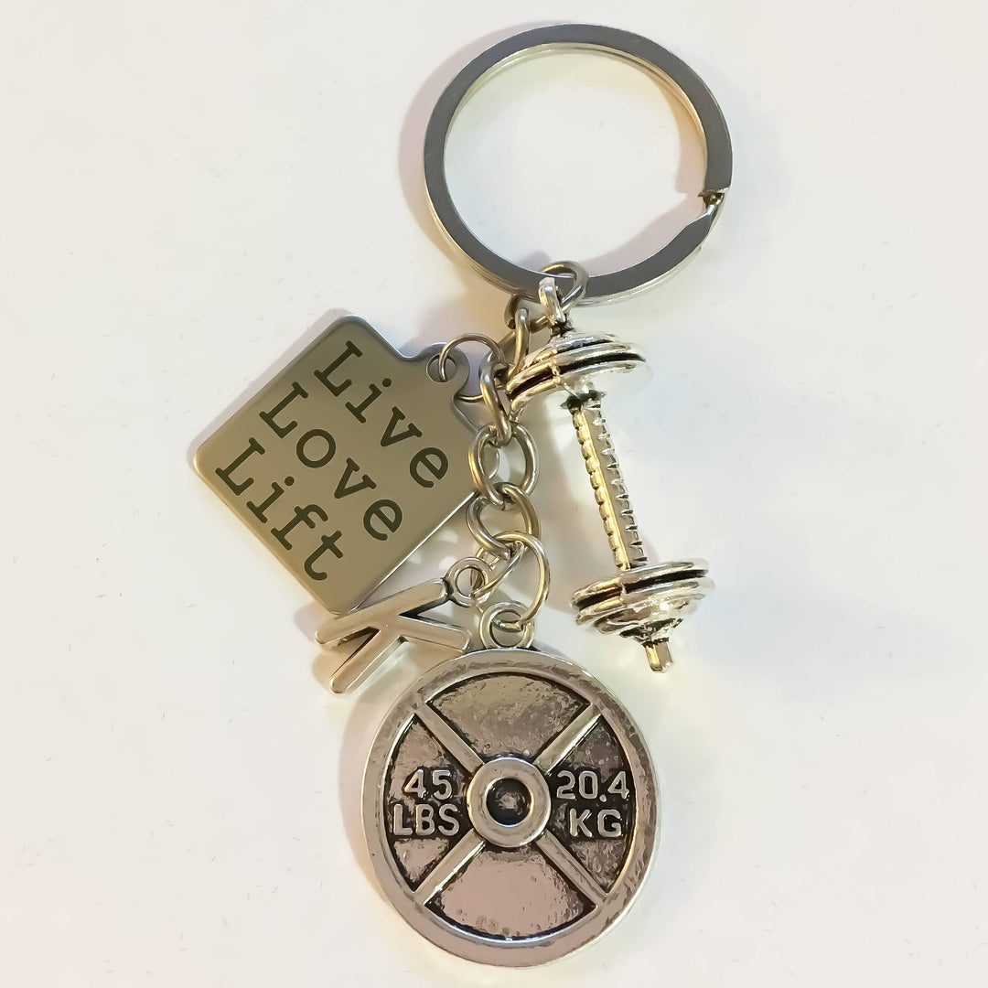 Live Love Lift, Barbell, 45lbs Weight Plate, Fitness Keychain with Intial