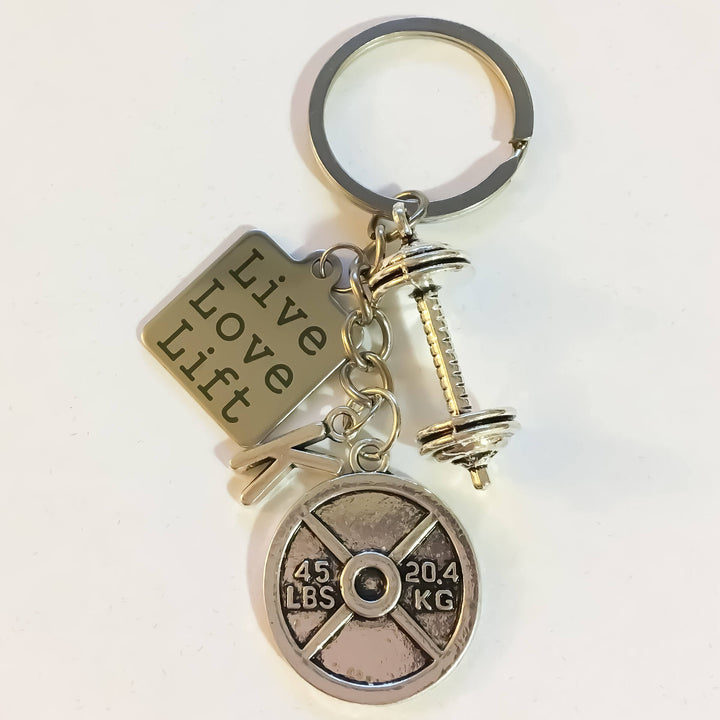 Live Love Lift, Barbell, 45lbs Weight Plate, Fitness Keychain with Intial