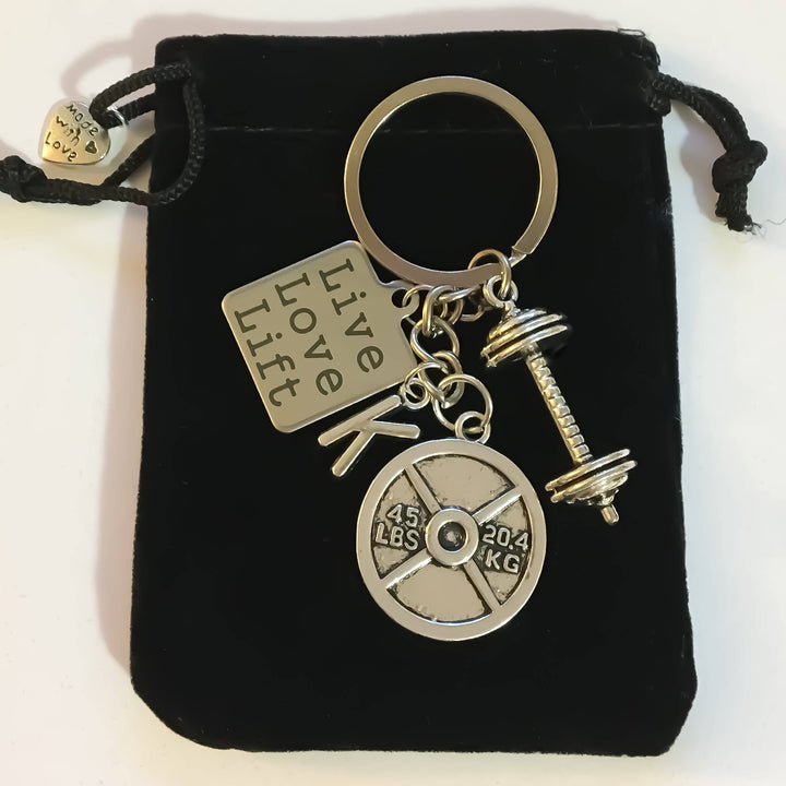 Live Love Lift, Barbell, 45lbs Weight Plate, Fitness Keychain with Intial