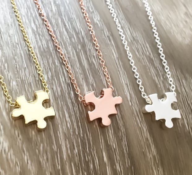 Tiny Puzzle Necklace, Minimalist Rose Gold Puzzle Piece, Autism Awareness Gift, Jigsaw Puzzle Jewelry, Gift for Mother, Dainty Necklace