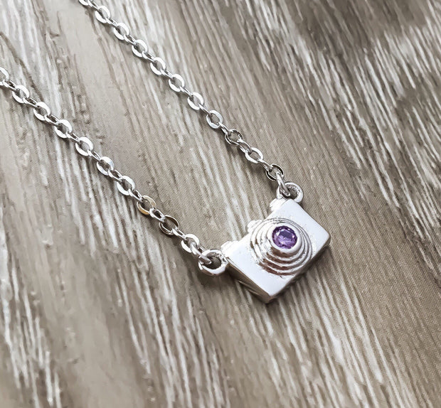 Camera Necklace, Amethyst, Sterling Silver