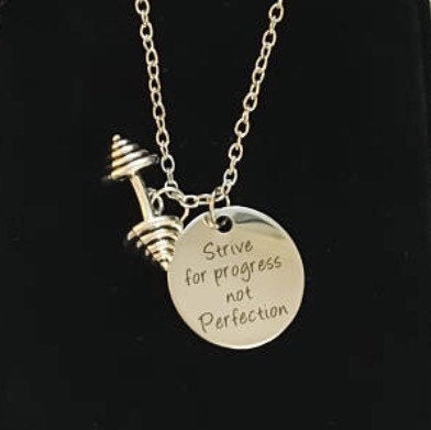 Strive for Progress, Motivation Quote Necklace, Fitness Gifts, Barbell Charm, Fitness Jewelry, Inspiration Necklace, Crossfit Gift, Workout