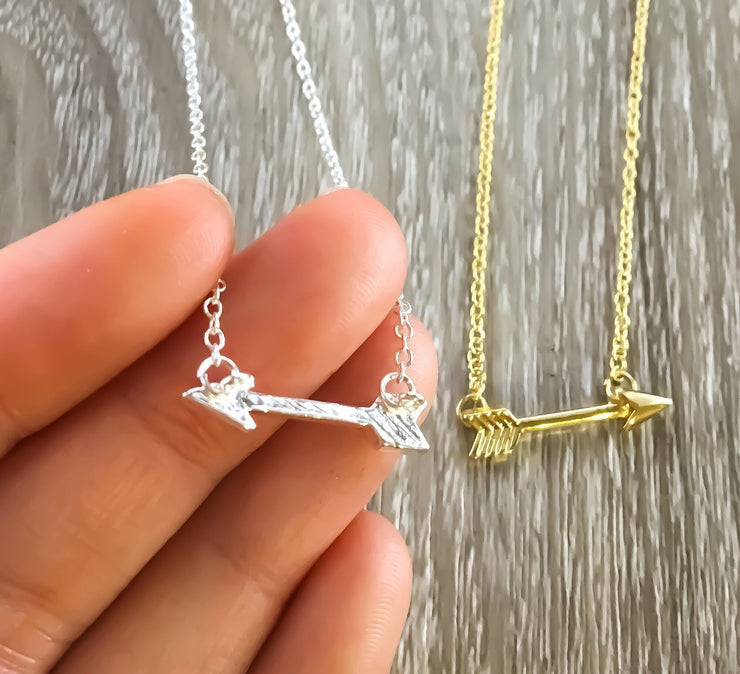 Fearless Arrow Necklace, Dainty Arrow Jewelry, Friendship Gifts, Tiny Silver Arrow Pendant, Gold Sideways Arrow Necklace, Layering Necklace