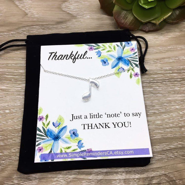 Thank You Gift, Music Note Necklace Gold, Musical Gift for Her, Thank You Note Gift, Music Teacher Gift from Student, Thankful Jewelry