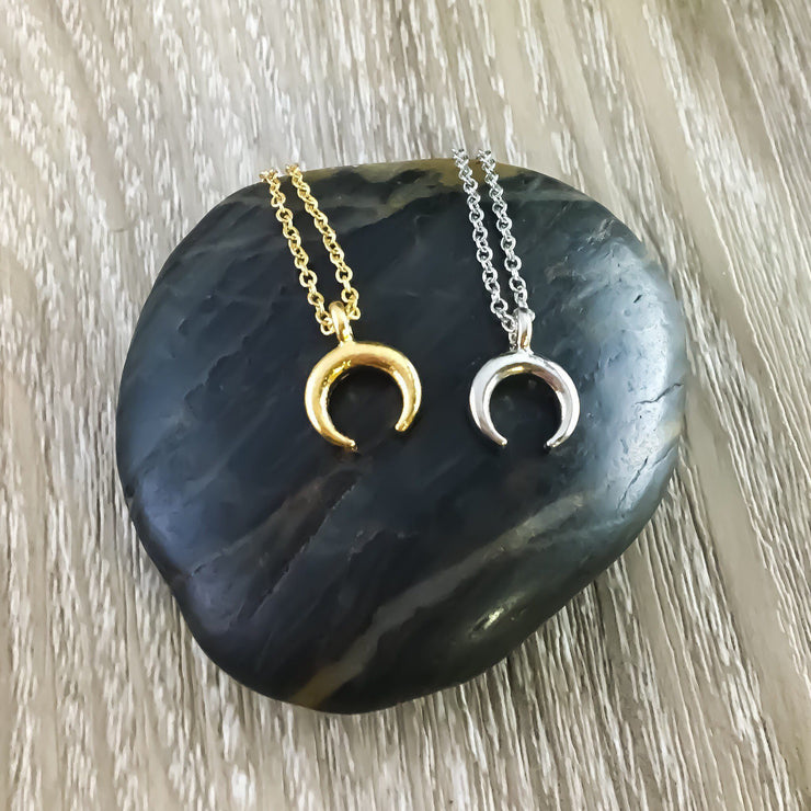 Dainty Moon Necklace, Crescent Moon Pendant, Double Tusk Necklace, Gold Moon Jewelry, Layering Necklace, Silver Celestial Jewelry, Zodiac