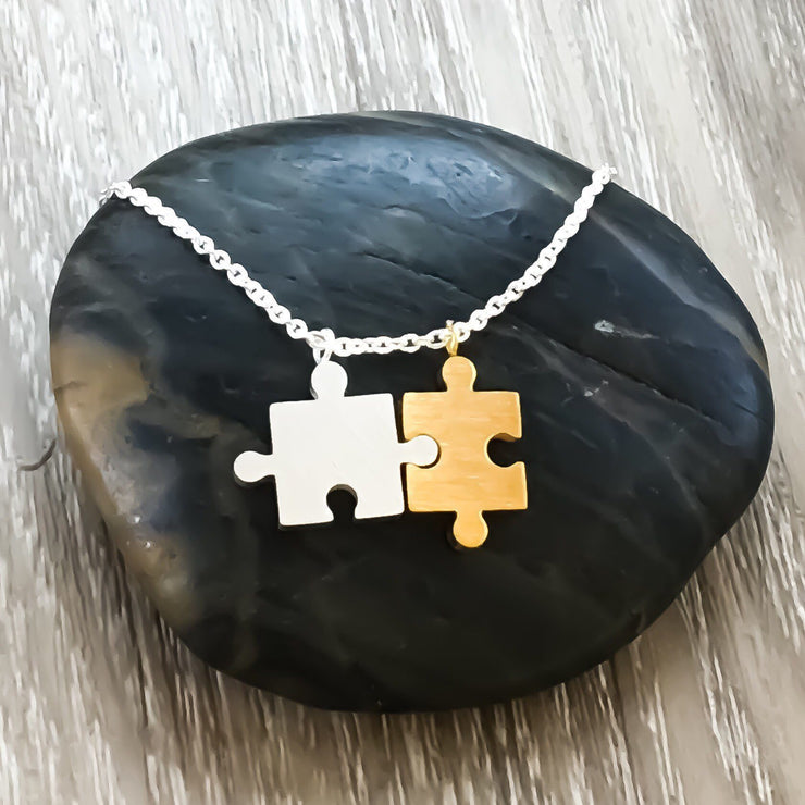 Double Puzzle Necklace, Dainty Jigsaw Puzzle Jewelry, Friendship Necklace, Interlocking Puzzle Pendant Gold Silver, Birthday, Austism Gifts