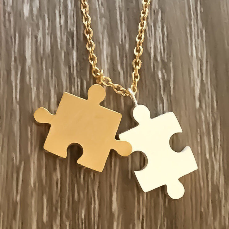Double Puzzle Necklace, Dainty Jigsaw Puzzle Jewelry, Friendship Necklace, Interlocking Puzzle Pendant Gold Silver, Birthday, Austism Gifts