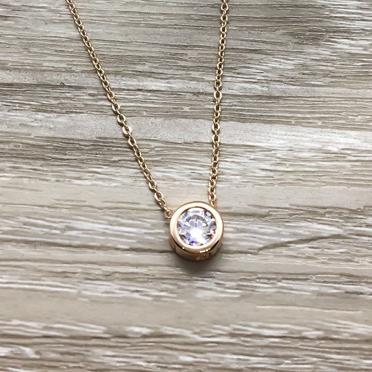 Mother's Day Gift, Dainty Rose Gold Crystal Pendant Necklace, Thank You Mom Gift from Daughter, Minimal Round Cubic Zirconia Necklace
