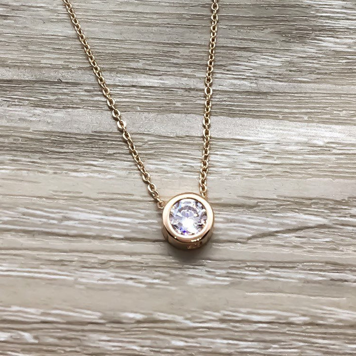 Mother's Day Gift, Dainty Rose Gold Crystal Pendant Necklace, Thank You Mom Gift from Daughter, Minimal Round Cubic Zirconia Necklace