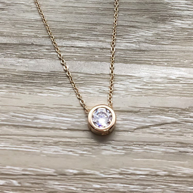Mother's Day Gift, Dainty Rose Gold Crystal Pendant Necklace, Thank You Mom Gift from Daughter, Minimal Round Cubic Zirconia Necklace