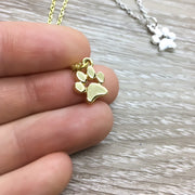 Tiny Paw Print Necklace, Dainty Paw Pendant, Minimal Pet Jewelry, Cat Lover Gift, Dog Owner Gift, Paw Prints on your Heart Quote, Pet Loss