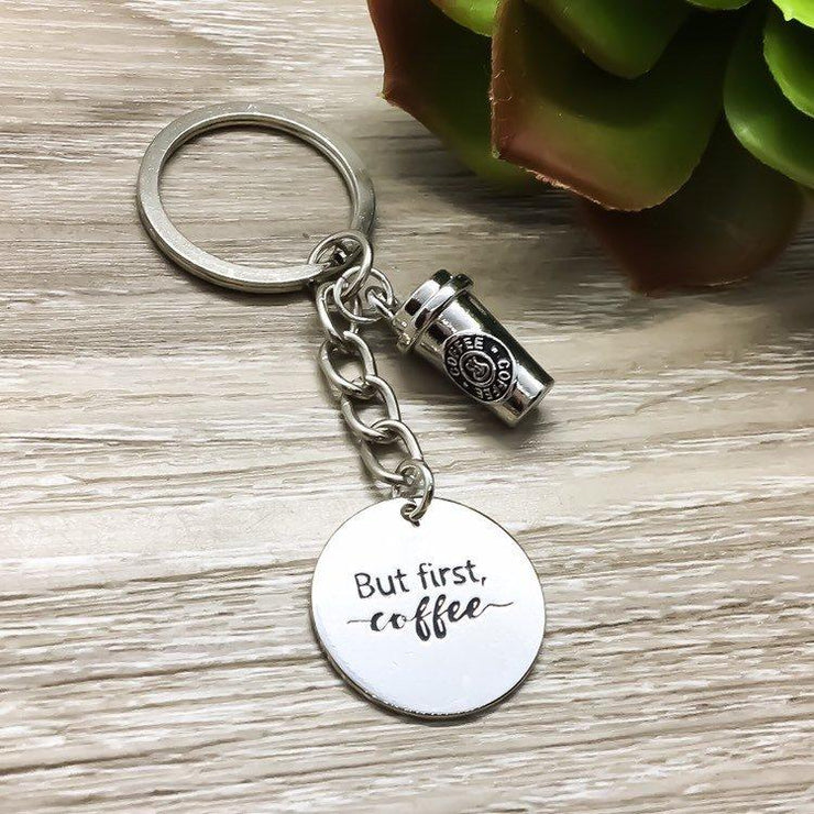 Coffee Lover Keychain, Coffee Cup Charm Keychain, Silver Coffee Jewelry, Stainless Steel Laser Charm, But First Coffee, Coffee Addict, Moms