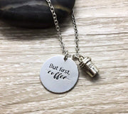 But First Coffee Coffee Necklace, Silver Coffee Cup Charm, Coffee Lover Gift, Coffee Jewelry, Stainless Steel Laser Charm, Teacher Gift