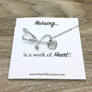 Silver Stethoscope Heart Necklace, Nurse Appreciation Gift Ideas, Nurse Necklace Card, Nursing is a Work of Heart, Nursing Student Gift