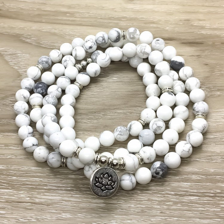 Howlite Mala Necklace, 108 Mala Bracelet, White Prayer Beads, Yoga Jewelry, Lotus Flower Charm, Mindfulness Gift for Women, Healing Jewelry