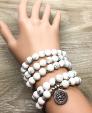 Howlite Mala Necklace, 108 Mala Bracelet, White Prayer Beads, Yoga Jewelry, Lotus Flower Charm, Mindfulness Gift for Women, Healing Jewelry